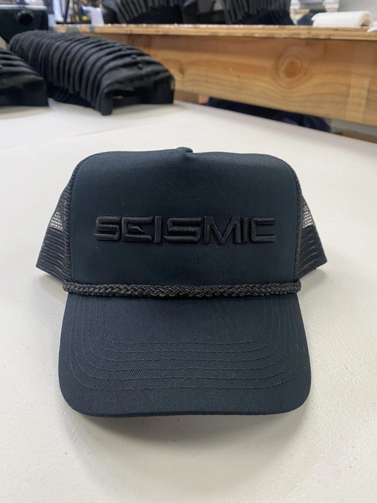 Tonal black embroidery on a cap